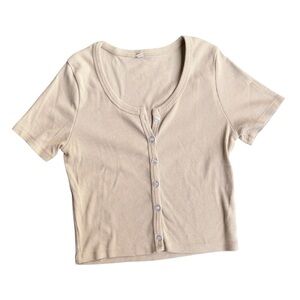 Cream Button-Up Ribbed Tee Crop Top